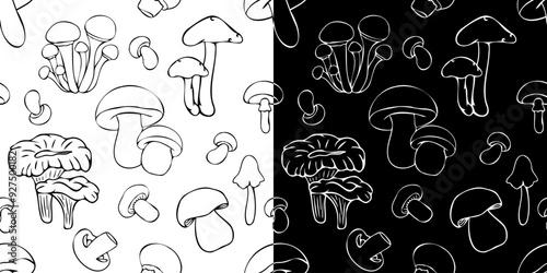 Vector seamless pattern with outlines of mushrooms in doodle style. Line art autumn background. Thanksgiving design. Concept of forest, leaf fall, nature.