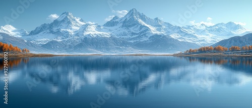 Breathtaking landscape featuring snow-capped mountains reflecting in a tranquil lake under a clear blue sky.