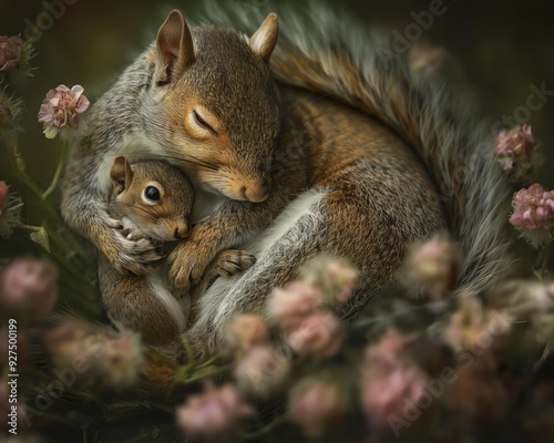 AI generator image of a little squirrel playing in a log, nest in a tree, near a waterfall photo