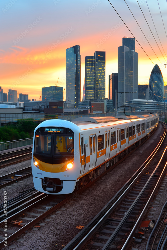 Train traveling through city at sunset with skyscrapers in the background Train traveling through city at sunset with skyscrapers in the background