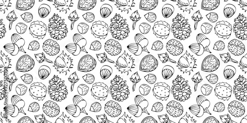 Vector seamless pattern with outlines of chestnuts, pine cones, acorns and foliage in doodle style. Line art autumn background. Thanksgiving design. Concept of forest, leaf fall, nature.
