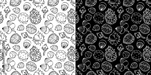 Vector seamless pattern with outlines of chestnuts, pine cones, acorns and foliage in doodle style. Line art autumn background. Thanksgiving design. Concept of forest, leaf fall, nature.