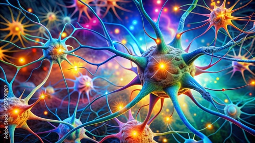 Colorful neurons and neurotransmitters illustrated in a stylized brain, highlighting serotonin pathways and synaptic connections, symbolizing mood regulation and mental wellness.