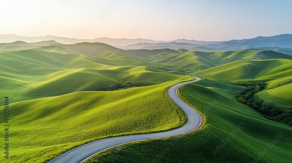 Serene landscape featuring rolling green hills and a winding road under a beautiful sky at sunset. Serene landscape featuring rolling green hills and a winding road under a beautiful sky at sunset.