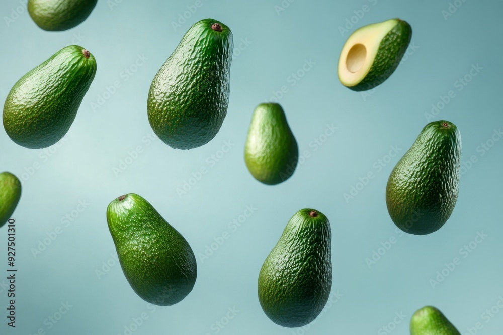 Avocado with cut half sliced flying in the air isolated on blue background. Falling avocado fruit Avocado with cut half sliced flying in the air isolated on blue background. Falling avocado fruit