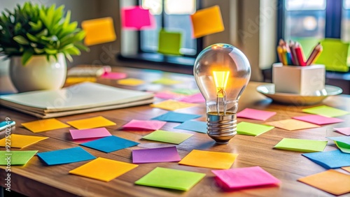 Colorful sticky notes and markers scattered on a creative workstation, surrounding a lightbulb idea, symbolizing innovative brainstorming and problem-solving through design thinking. photo