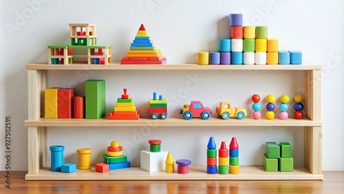 Colorful toys and blocks neatly organized on a wooden shelf against a clean white background, perfect for educational or childhood-themed designs and layouts.