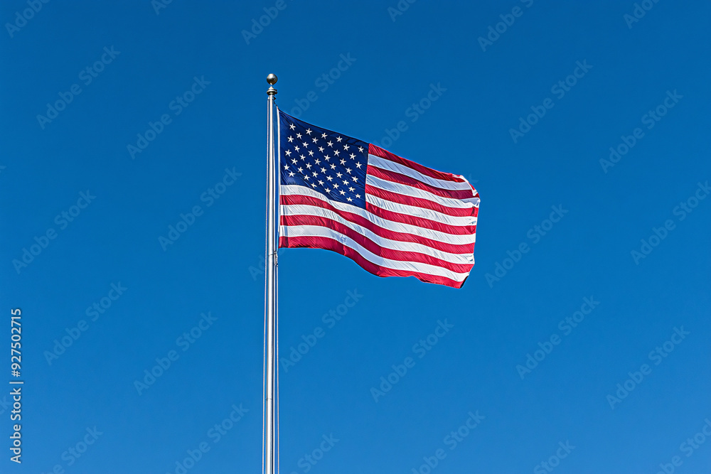 A large American flag is flying high in the sky A large American flag is flying high in the sky