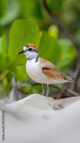 AI generator image of  Malaysian Plover bird,Charadrius peroni is a local bird with an endangered status world rare birds From encroaching on the mangrove forests that are habitats and livelihoods  photo