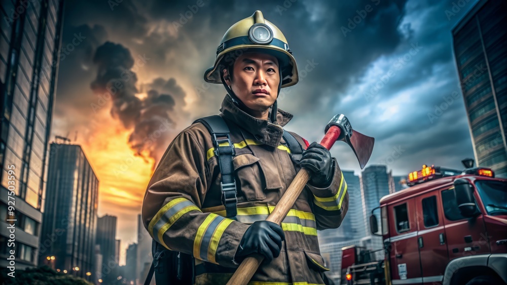 Confident Asian firefighter in helmet and coat stands proudly in front of fire truck, holding axe, with blurred cityscape background and dramatic lighting. Confident Asian firefighter in helmet and coat stands proudly in front of fire truck, holding axe, with blurred cityscape background and dramatic lighting.
