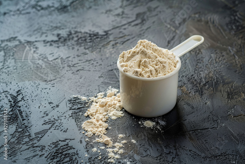 heap of protein powder in a scoop, food supplements, dark background, bodybuilding, fitness, gym photo