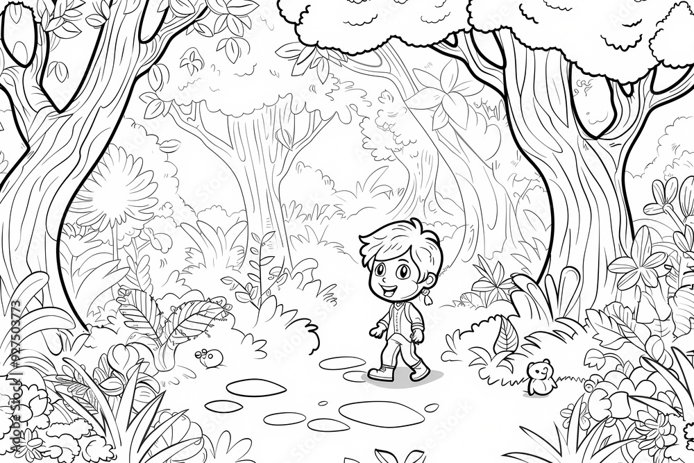 Fototapeta premium A young boy exploring a lush, hand-drawn jungle path, surrounded by vibrant trees and playful creatures.