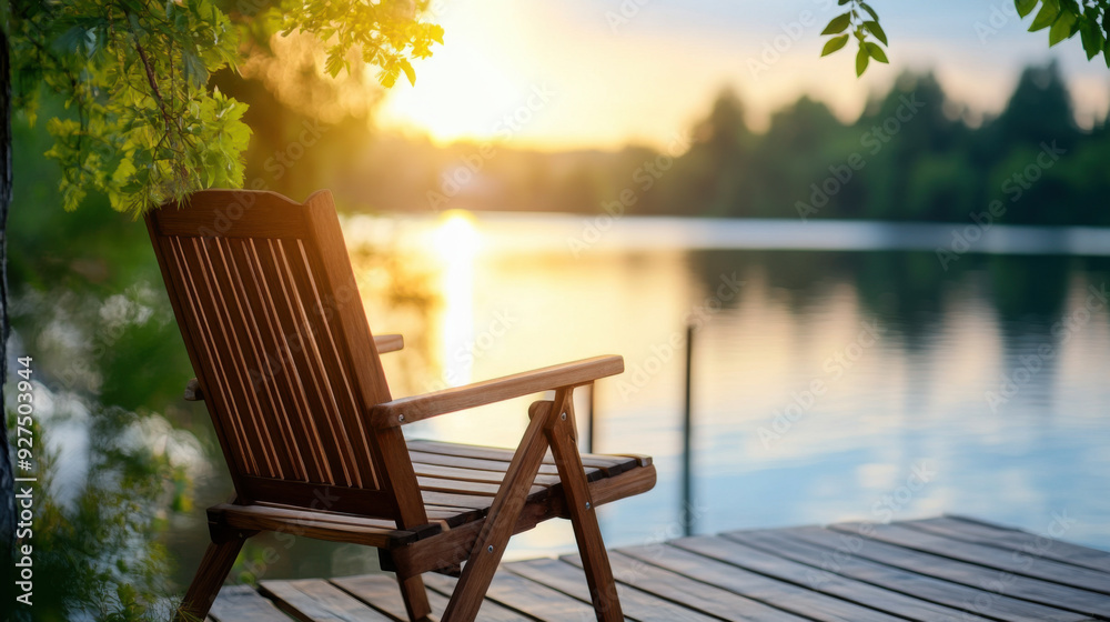 A serene wooden chair on a lake dock, surrounded by nature, bathed in the warm light of sunrise. A serene wooden chair on a lake dock, surrounded by nature, bathed in the warm light of sunrise.