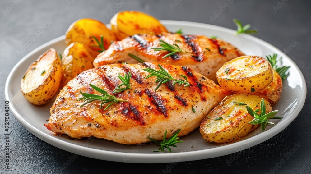 A plate of juicy grilled chicken, marinated in herbs and spices, served with a side of roasted potatoes A plate of juicy grilled chicken, marinated in herbs and spices, served with a side of roasted potatoes