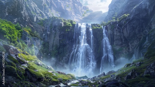 Majestic Waterfall in a Mountainous Landscape.