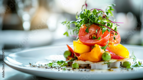 A close-up of a gourmet dish with vibrant colors, garnished with fresh herbs on a white plate.
 photo