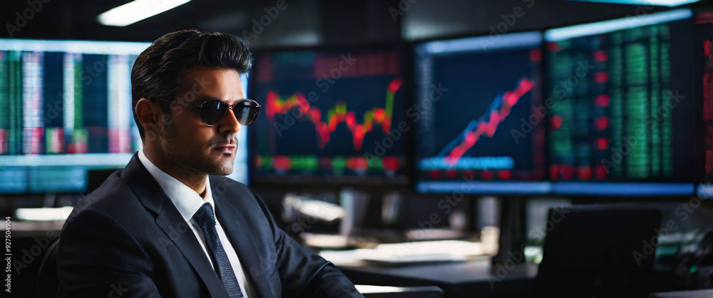 shadowy world of buying stocks with a mesmerizing depiction of an businessman, their back presented in a half-turn, wearing suits in an office, seated in front of a commanding monitor, engrossed shadowy world of buying stocks with a mesmerizing depiction of an businessman, their back presented in a half-turn, wearing suits in an office, seated in front of a commanding monitor, engrossed