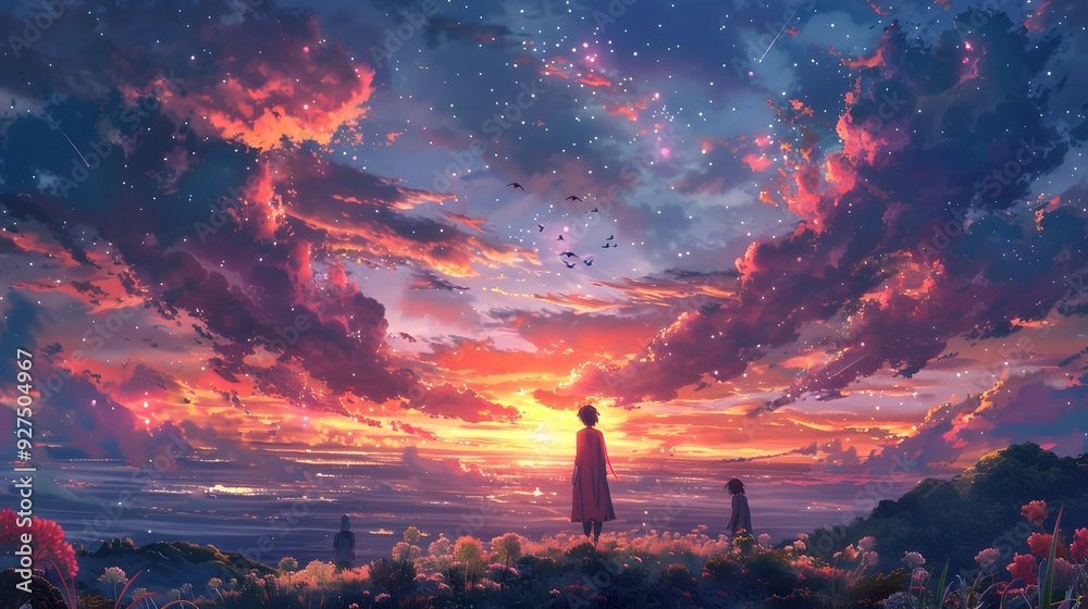 Two Figures Silhouetted Against a Sunset with Stars. Two Figures Silhouetted Against a Sunset with Stars.