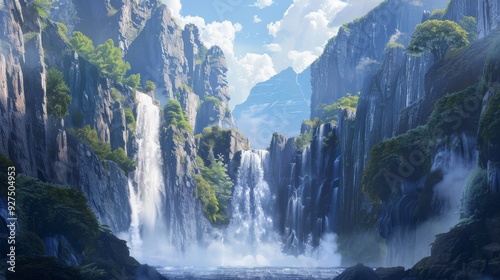 Majestic Waterfall in a Lush Valley.
