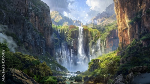 Majestic Waterfall in a Lush Green Canyon.