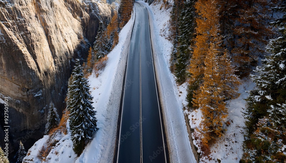 Route de montagne à travers les arbres enneigés