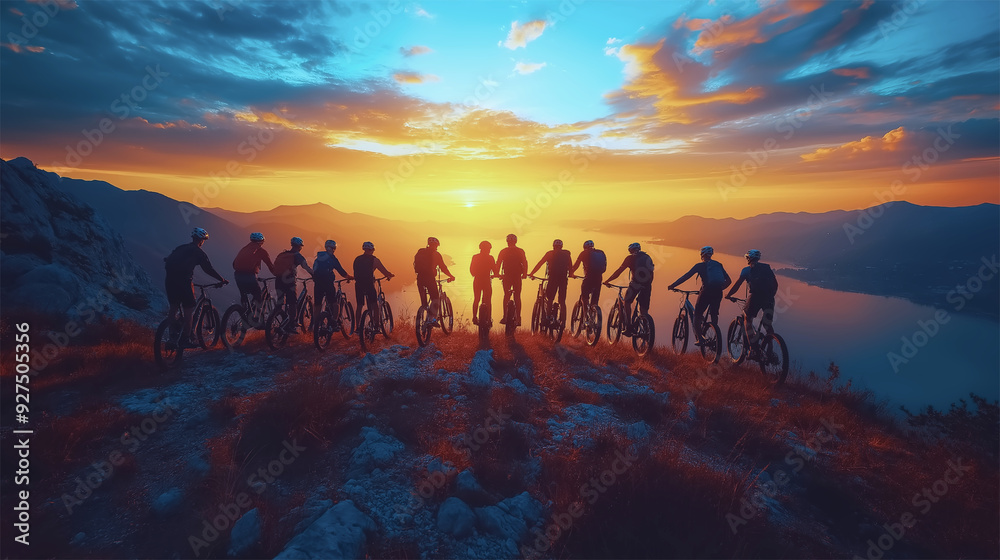 Fototapeta premium Group of mountain bikers enjoying a breathtaking sunset view from a mountain peak 