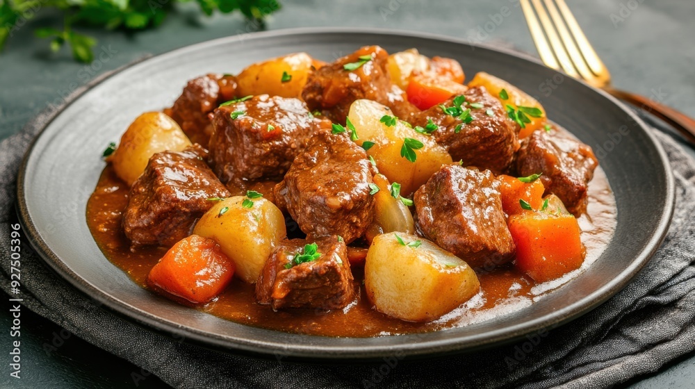 A plate of tender, slow-cooked beef stew, with chunks of carrots, potatoes, and onions, in a rich gravy A plate of tender, slow-cooked beef stew, with chunks of carrots, potatoes, and onions, in a rich gravy