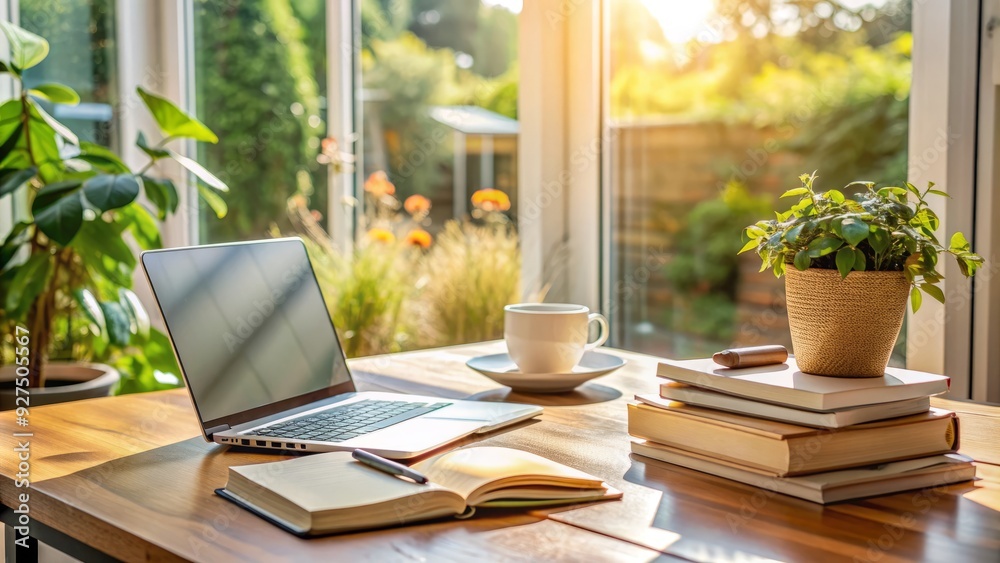 custom made wallpaper toronto digitalCozy home workspace with laptop, textbooks, and coffee cup, surrounded by calm natural light, ideal for online university studies and virtual academic success.