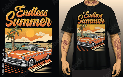 Classic car show endless summer t shirt design, vector