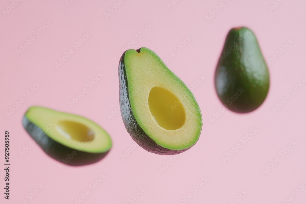 Avocado with cut half sliced flying in the air isolated on pink background. Falling avocado fruit Avocado with cut half sliced flying in the air isolated on pink background. Falling avocado fruit