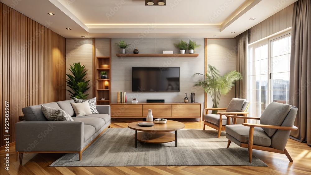 Cozy living room with sleek grey sofa, matching armchair, and large flat-screen TV mounted on a modern wooden entertainment center against a neutral wall. Cozy living room with sleek grey sofa, matching armchair, and large flat-screen TV mounted on a modern wooden entertainment center against a neutral wall.