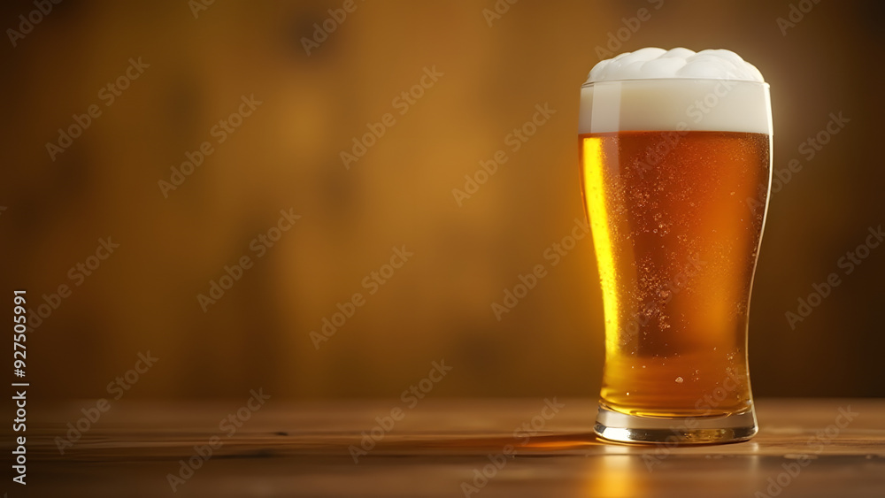A frothy amber beer glass on a wooden surface with a warm bokeh background A frothy amber beer glass on a wooden surface with a warm bokeh background
