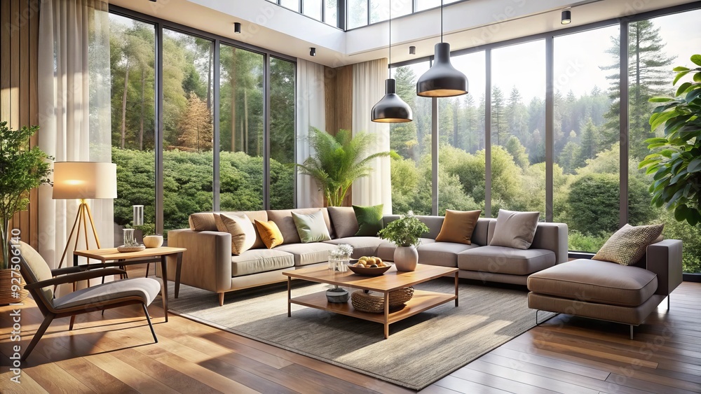 Fototapeta premium Cozy modern living room with large windows, sleek furniture, and minimal decor, flooded with natural light and offering a sense of calm and serenity.