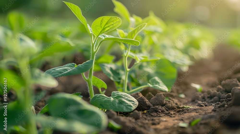 Obraz premium soybean development on a farm against a backdrop of greenery. farming plant seeding growing step-by-step