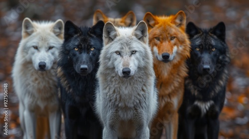 Six wolves of various colors stand close together in a forest, surrounded by fallen leaves under a muted autumn sunlight