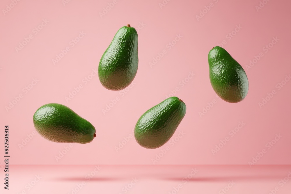 Avocado with cut half sliced flying in the air isolated on pink background. Falling avocado fruit Avocado with cut half sliced flying in the air isolated on pink background. Falling avocado fruit