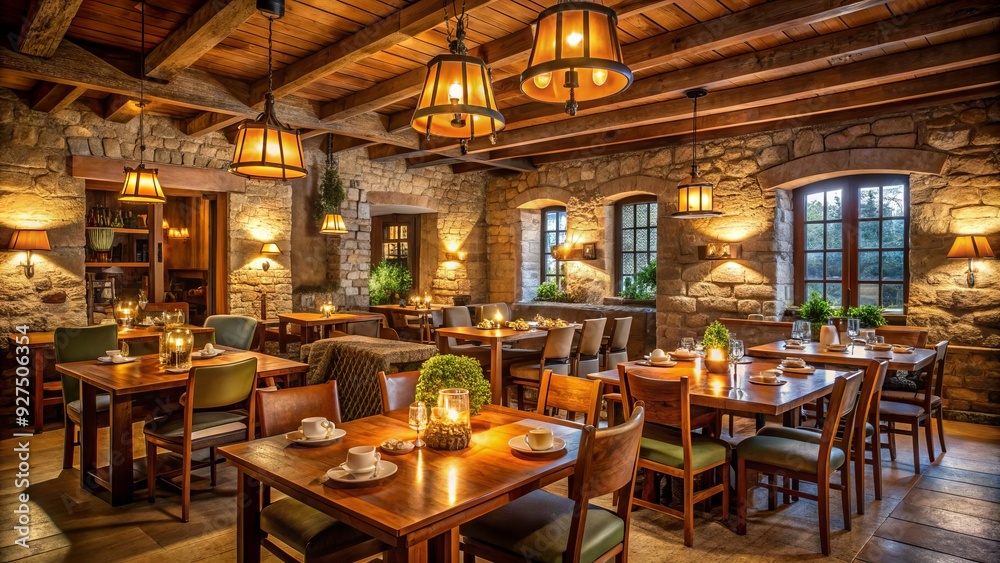 Cozy restaurant dining room with rustic wooden tables, dimmed chandeliers, and stone walls, evoking a warm and intimate atmosphere for a delightful culinary experience. Cozy restaurant dining room with rustic wooden tables, dimmed chandeliers, and stone walls, evoking a warm and intimate atmosphere for a delightful culinary experience.
