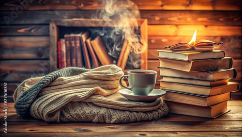 Cozy reader surrounded by stacked novels and steaming cup of coffee, celebrating National Book Month with a warm and inviting atmosphere. photo