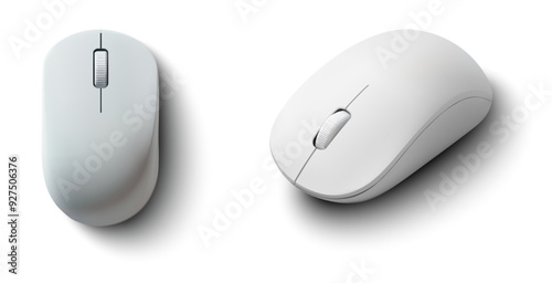Set of two minimalist white wireless mice displayed from different angles, isolated on a white background. The sleek and ergonomic design makes these devices perfect for technology products. Vector