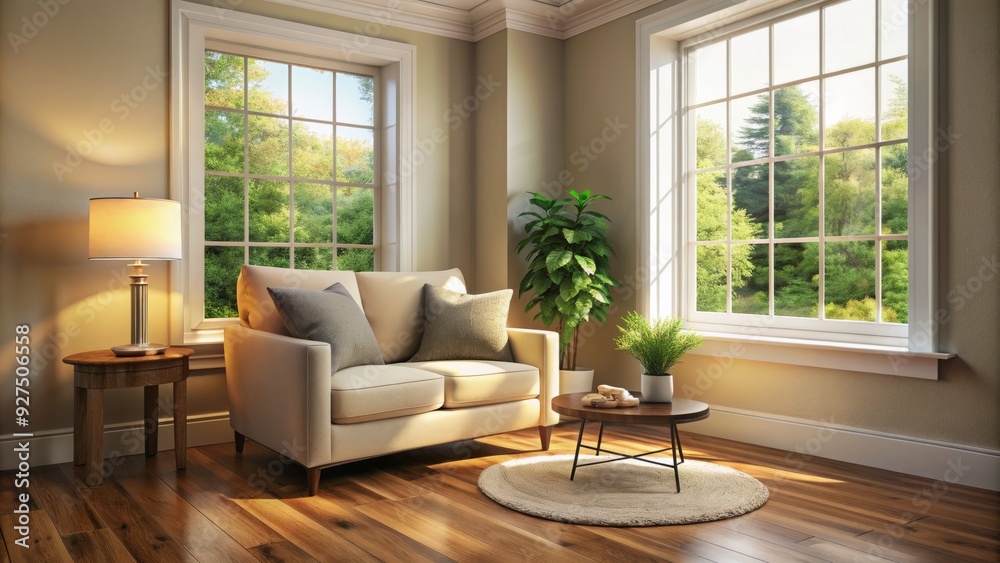 Cozy, vacant living room corner with cream walls, dark hardwood floors, and a solitary, unadorned window allowing natural light to filter into the serene space. Cozy, vacant living room corner with cream walls, dark hardwood floors, and a solitary, unadorned window allowing natural light to filter into the serene space.