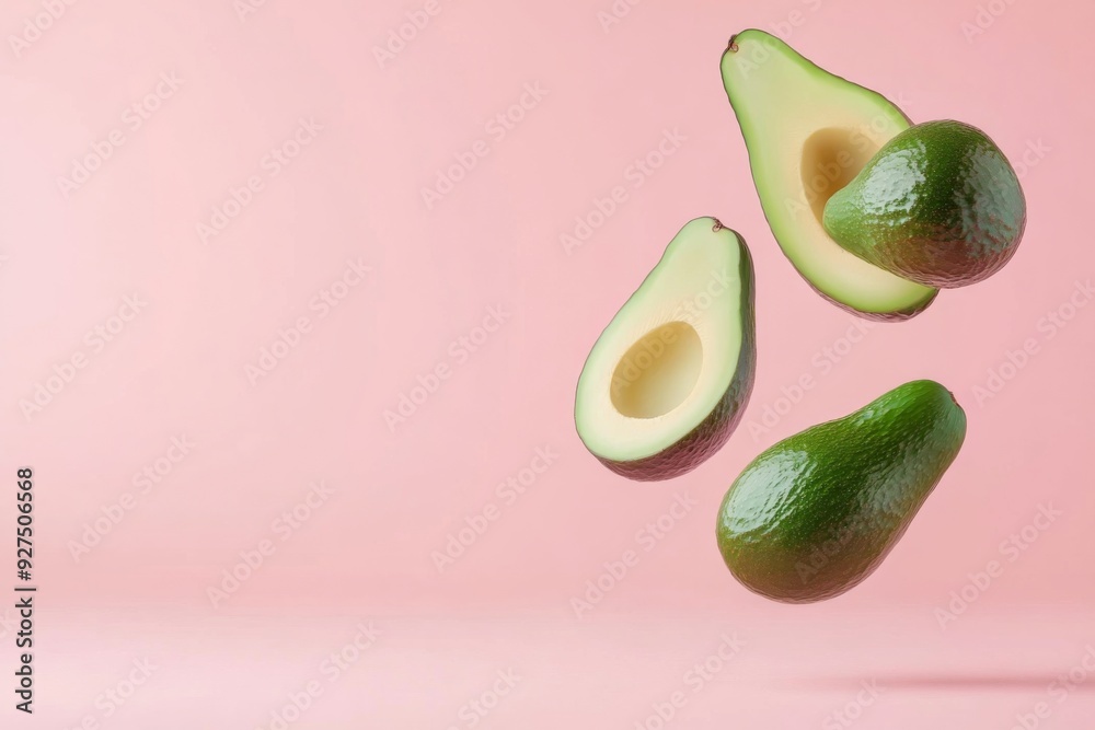 Avocado with cut half sliced flying in the air isolated on pink background. Falling avocado fruit Avocado with cut half sliced flying in the air isolated on pink background. Falling avocado fruit