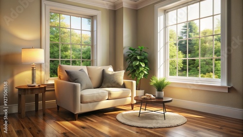 Cozy, vacant living room corner with cream walls, dark hardwood floors, and a solitary, unadorned window allowing natural light to filter into the serene space.