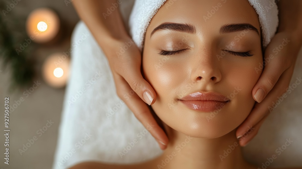 Woman receiving a relaxing facial massage at a beauty clinic, Aesthetician hands gently working on the skin, peaceful and rejuvenating experience. Woman receiving a relaxing facial massage at a beauty clinic, Aesthetician hands gently working on the skin, peaceful and rejuvenating experience.