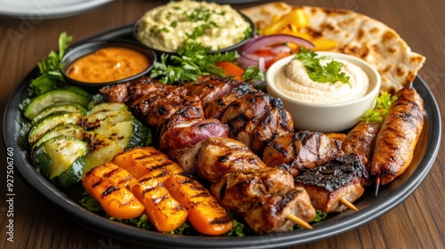 A platter of grilled kebabs, with juicy pieces of chicken, lamb, and vegetables, served with flatbread and hummus