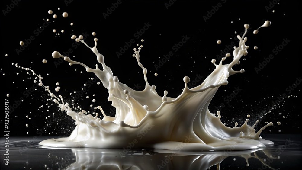 Creamy white milk erupts in a mesmerizing splatter, frozen in mid-air, against a stark black background, showcasing the power of liquid dynamics in stunning detail. Creamy white milk erupts in a mesmerizing splatter, frozen in mid-air, against a stark black background, showcasing the power of liquid dynamics in stunning detail.