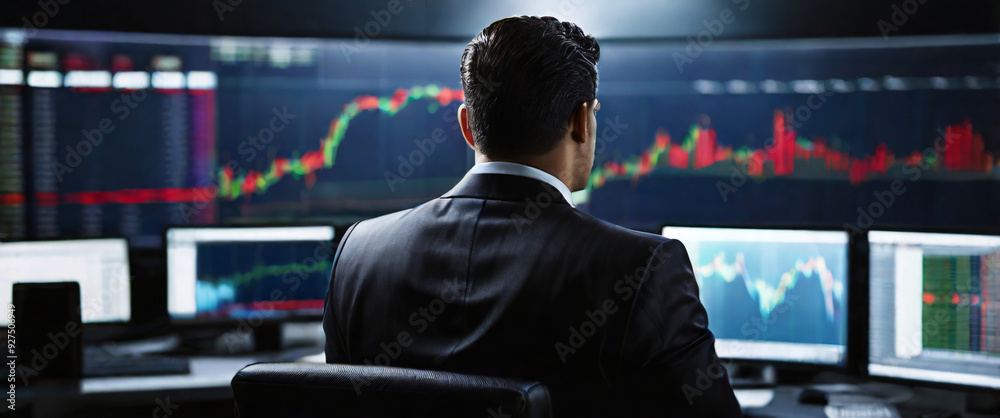shadowy world of buying stocks with a mesmerizing depiction of an businessman, their back presented in a half-turn, wearing suits in an office, seated in front of a commanding monitor, engrossed shadowy world of buying stocks with a mesmerizing depiction of an businessman, their back presented in a half-turn, wearing suits in an office, seated in front of a commanding monitor, engrossed