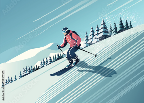 Man Skiing Downhill in Winter Landscape