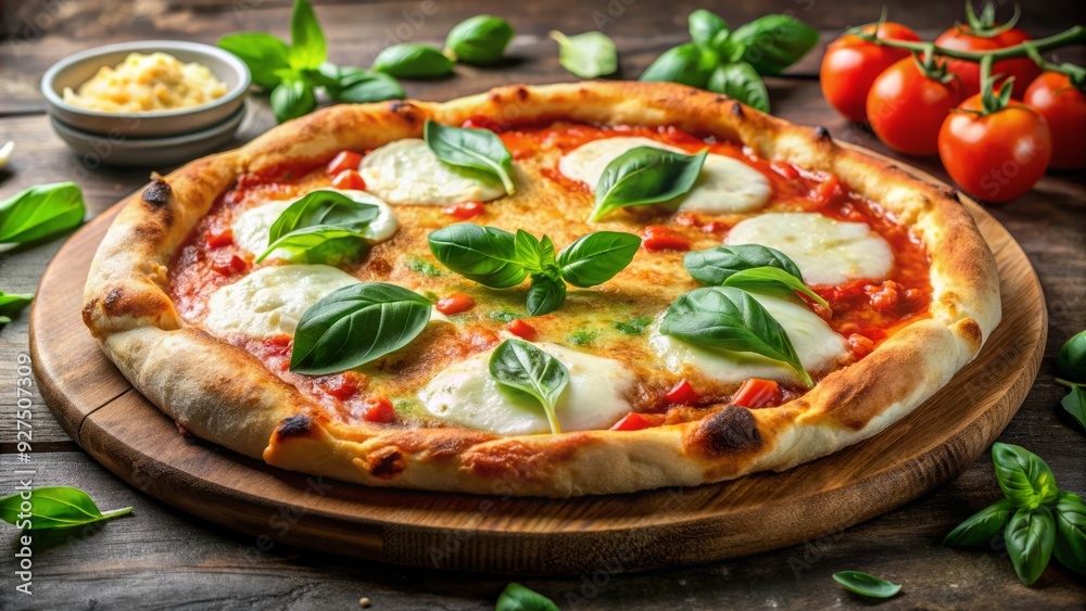 Crispy, golden crust, melted mozzarella, and fresh basil leaves atop a steaming hot stone-fired pizza, garnished with a sprinkle of parmesan cheese and oregano. Crispy, golden crust, melted mozzarella, and fresh basil leaves atop a steaming hot stone-fired pizza, garnished with a sprinkle of parmesan cheese and oregano.