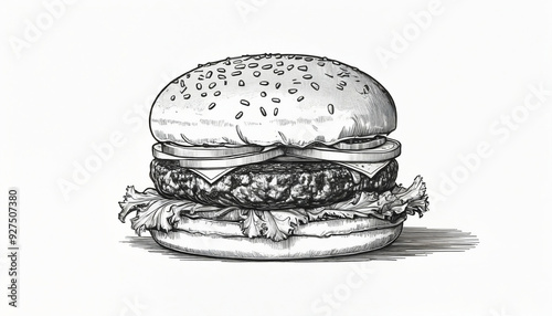 Dessin illustration burger fastfood noir et blanc restaurant bistro.