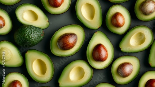 Green ripe avocado top close up view. Texture vegan healthy food background